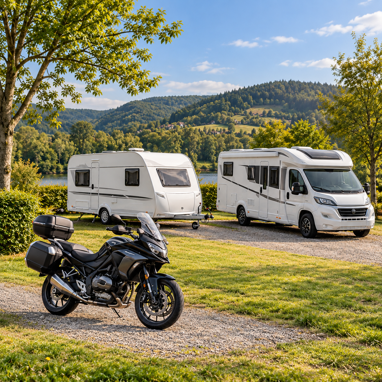 Moto, caravane et camping-car réunis dans un cadre verdoyant.