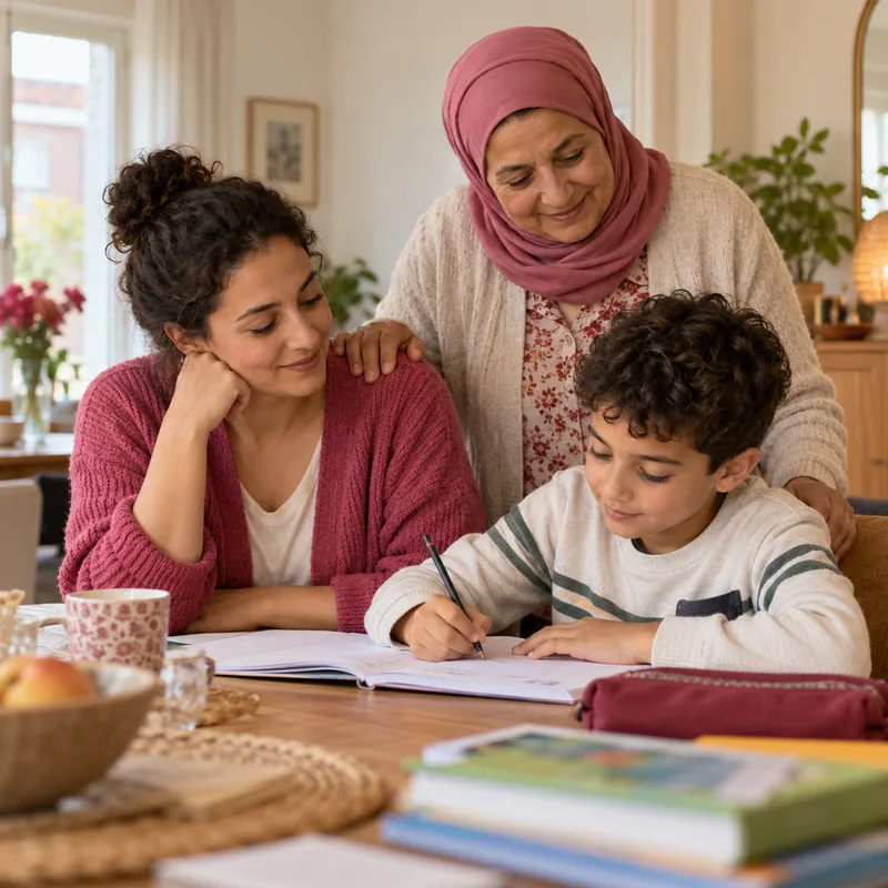 Une grand-mère accompagne sa fille et son petit-fils pendant les devoirs.